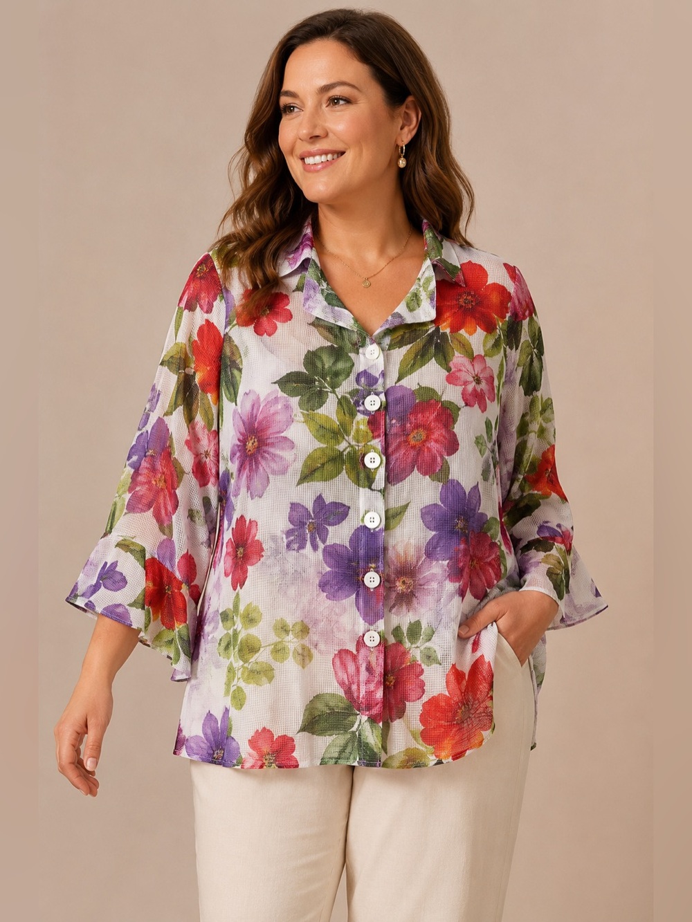 Ali Miles White Floral Button-Front Blouse with Red, Purple & Green Accents